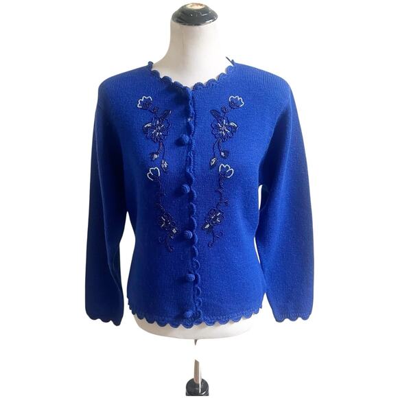 Koret Vintage Women’s Cardigan Sweater Beaded Size Medium Cobalt Blue Granny - Picture 1 of 11